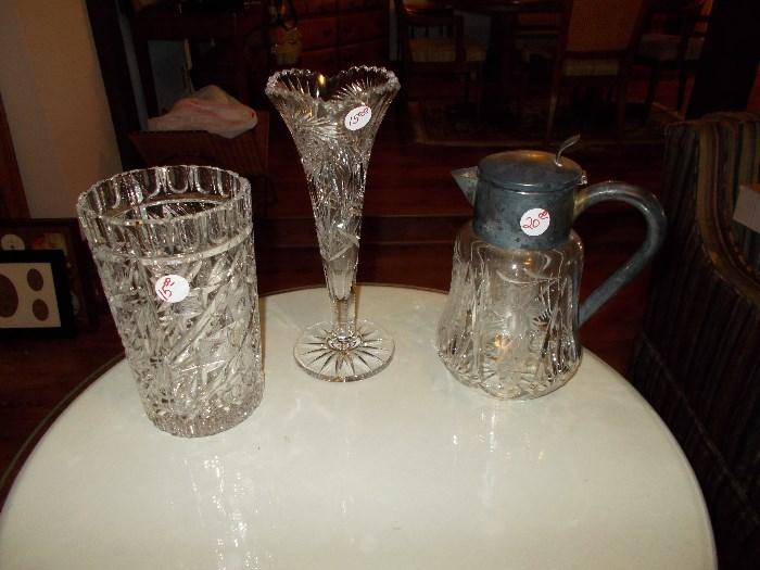 2 Crystal Vases; 1 Crystal/Silverplate Pitcher with Glass Insert