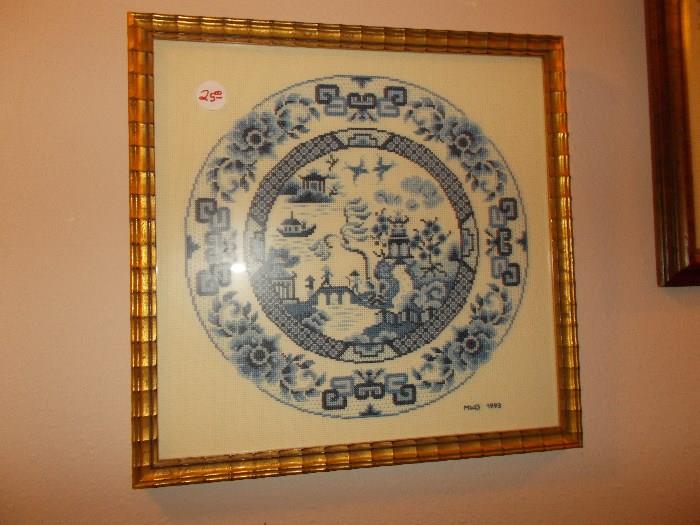 Framed Blue & White "Plate" Pattern - Needlework