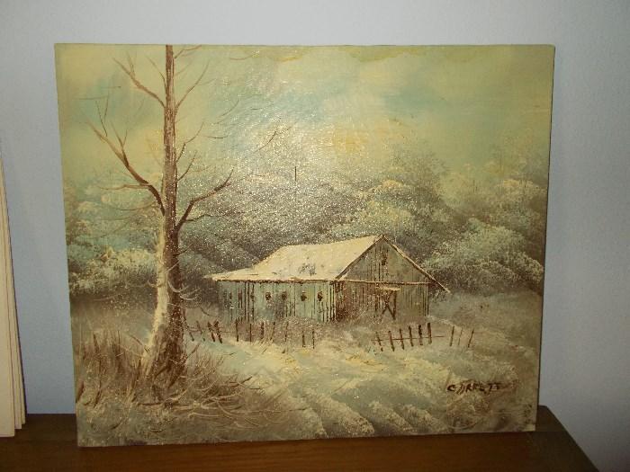 Unframed Winter Scene Painting