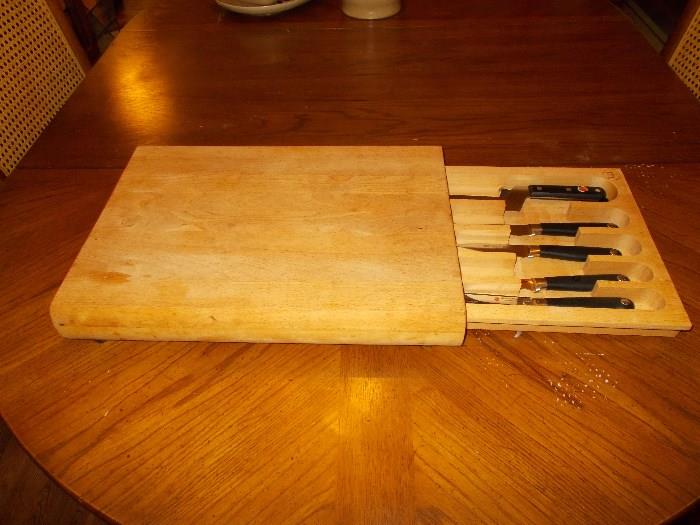 LARGE Cutting Board with Lower Drawer holding a set of German Kitchen Knives