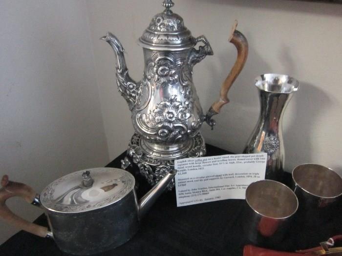 English Silver Coffee Pot on Pedestal, George Knight London 1825, Garrard London 1854