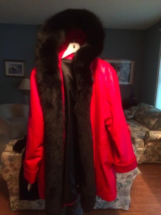 Extra large leather coat with fox trim - asking $455 - for a woman of style and substance