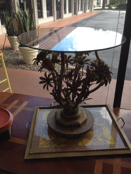 Vintage 1960's Glass and Metal Lighted Side Table, vintage Oriental Tray