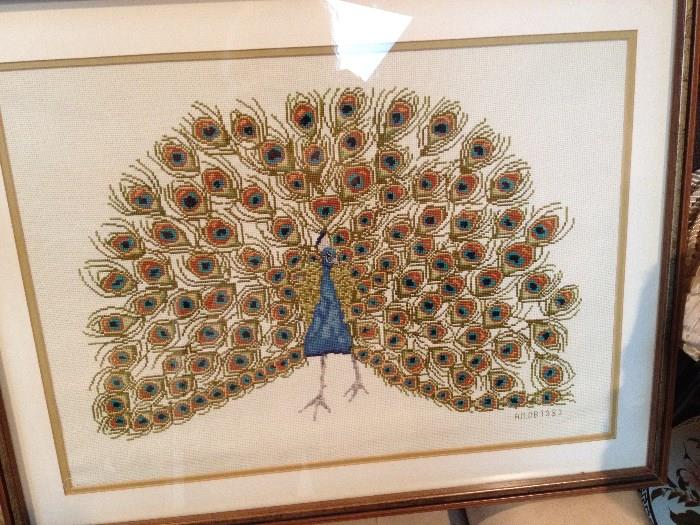 Vintage Handmade Cross Stitched Peacock 1983