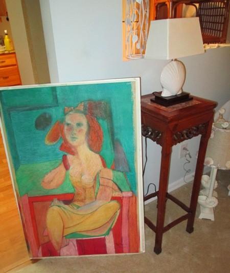 Lovely crayon drawing, end table and lamps