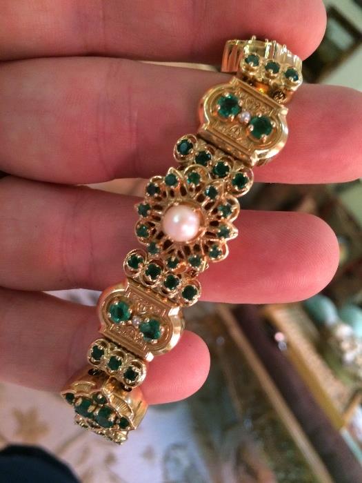 Emerald, Diamond, and Pearl Slide Bracelet
