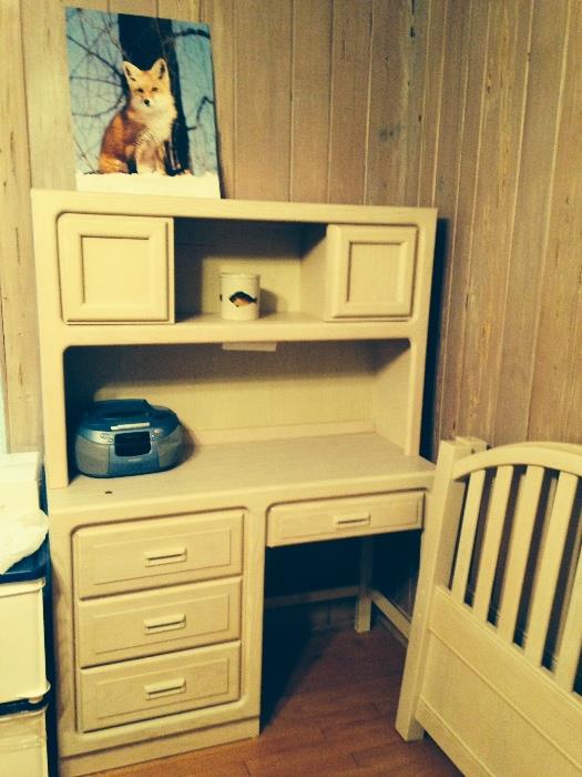 Bunk bed set, student desk and hutch, white wash finish