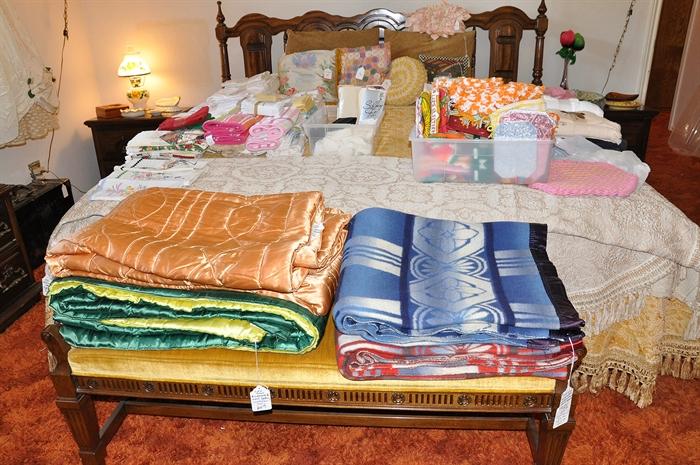 Vintage Satin Wool Quilts and Wool Pattern Blankets On Italian Style Bench