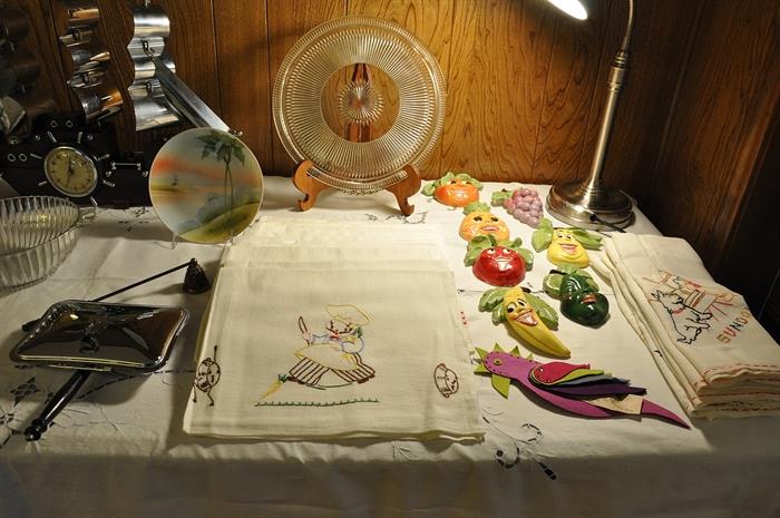 Wonderful Unused Vintage Embroidered Kitchen Towels - So Nice.  Retro Plaster Fruits With Faces To Go In Your Kitchen