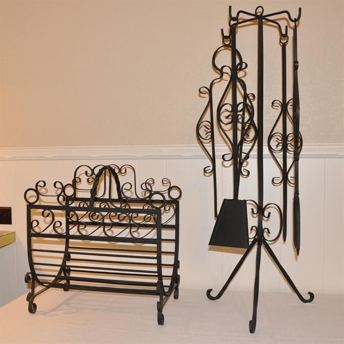 Vintage Wrought Iron Fireplace Tools And Log Holder