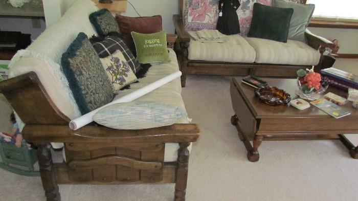 COUNTRY WOOD-SIDE /FRAMED COUCH, SETTEE AND MATCHING COFFEE TABLE