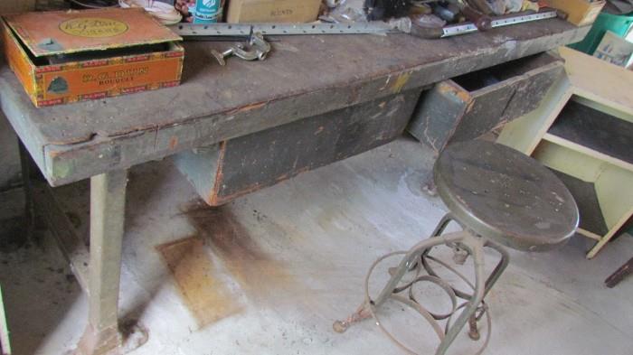 LARGE PERIOD INDUSTRIAL WORK BENCH WITH CAST IRON LEGS      FANCY INDUSTRIAL WORK STOOL