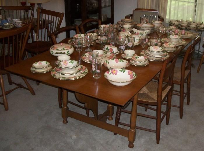 Maple Gate Leg Drop Leaf Table and Hitchcock Chairs with Franciscan Desert Rose Dishes