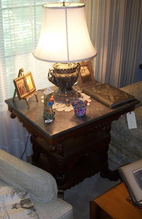 Antique Victorian Marble Top Table with Pierced Brass Lamp on Top
