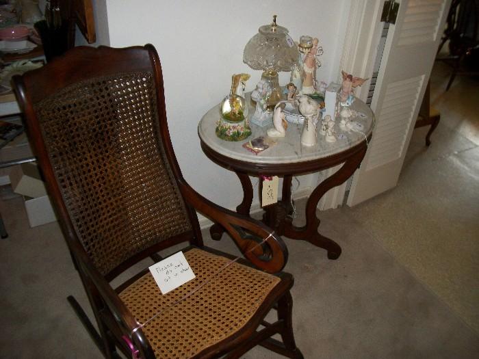Antique Rocker with Antique Marble Top Turtle Table