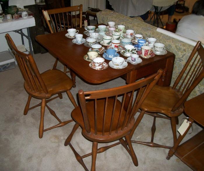 Drop Leaf Breakfast Table with Four Chairs ; Fine China Cup and Saucer Collection