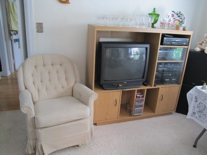 One of the two swivel rockers, entertainment center with a great stereo