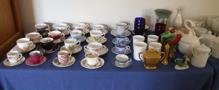 LOVELY CHINA TEA CUP/SAUCER COLLECTION. FOLEY, TUSCAN, SHELLEY, ROYAL ALBERT JUST TO NAME A FEW. ALL IN EXCELLENT CONDITION