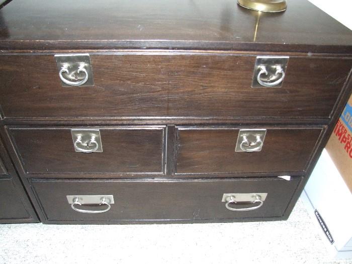 FABULOUS THOMASVILLE DARK BROWN WOOD DRESSERS, THERE ARE 2 MATCHING ONES. STAINLESS STEEL DRAWER PULLS.