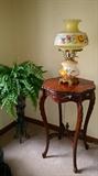 Small End Table or Parlor Table with Carved Detailing ~ Hurricane Lamp ~ Fern in an Iron Plant Stand