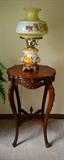Hand Painted Roses on Vintage Electric Hurricane Lamp atop the Sweetest Little Parlor or Bedside Table