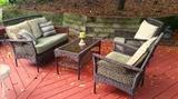 Rattan Sofa ~ 2 Arm Chairs ~ Coffee Table complete with Cushions & Pillows