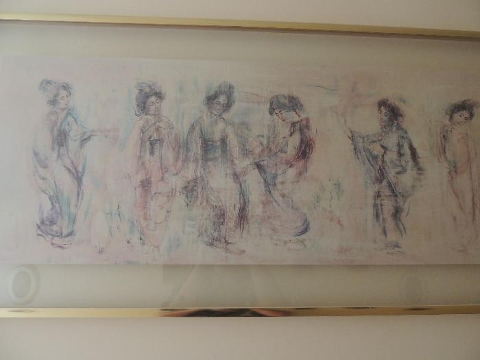 Framed signed lithograph by Edna Hibel, showing a frieze of geishas in various poses. This is a bit different from much of Hibel's work, as she is known for her artwork featuring images of motherly love. There is a museum of her work in Jupiter, FL.