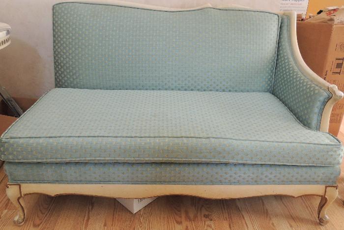 One of 2 pc. vintage sectional sofa with beautiful aqua/seafoam/gold upholstery. 
