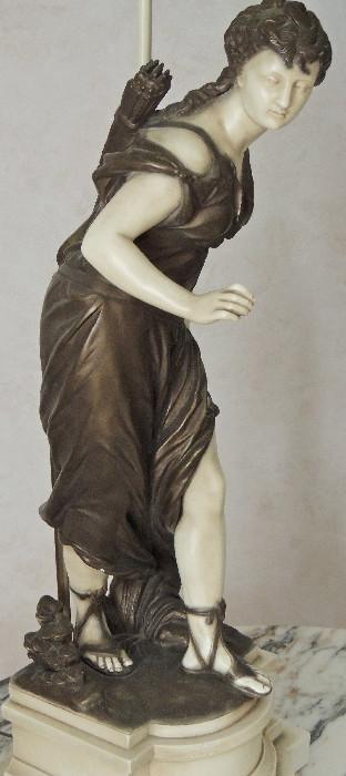 One of a pair figural lamps, Diana, the huntress, c. 1950. Has original period shade.