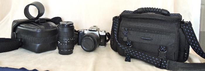 Pentax 35mm film camera, two Sigma lenses, lens hood, fitted camera case plus Samsonite camera bag,