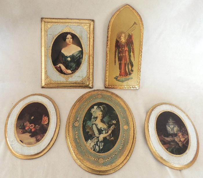 Florentine Italian wood decorative plaques, florals, angel; Marie Antoinette.