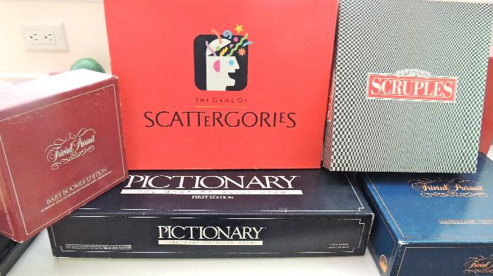 Board games, Trivial Pursuit, Scattergories, Pictionary; Scruples.