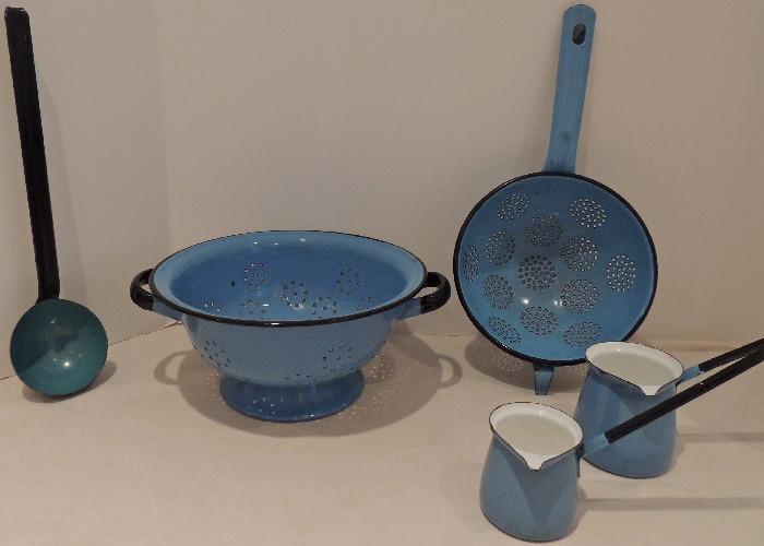 Antique blue enamelware-colanders, ladle, cream ladles from Poland and other.
