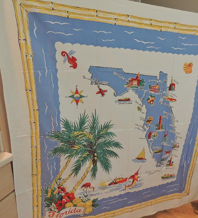 Florida map souvenir tablecloth, c. 1950. Vivid colors, excellent condition!