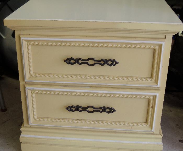 Nightstand/end table, pale yellow and white.