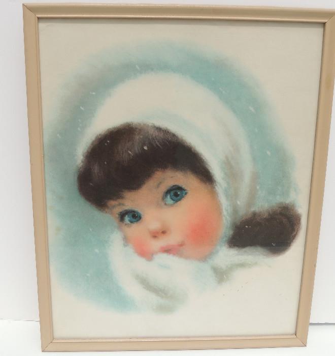 Framed print, portrait of little girl in snow storm.