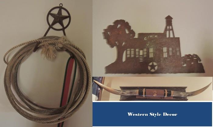 Rustic - Western design items.  Longhorn horns, rope, star & iron art