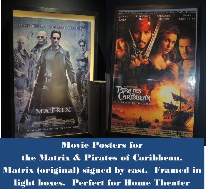 Movie Posters in light up frame.  Pirates of the Caribbean and Cast signed Matrix