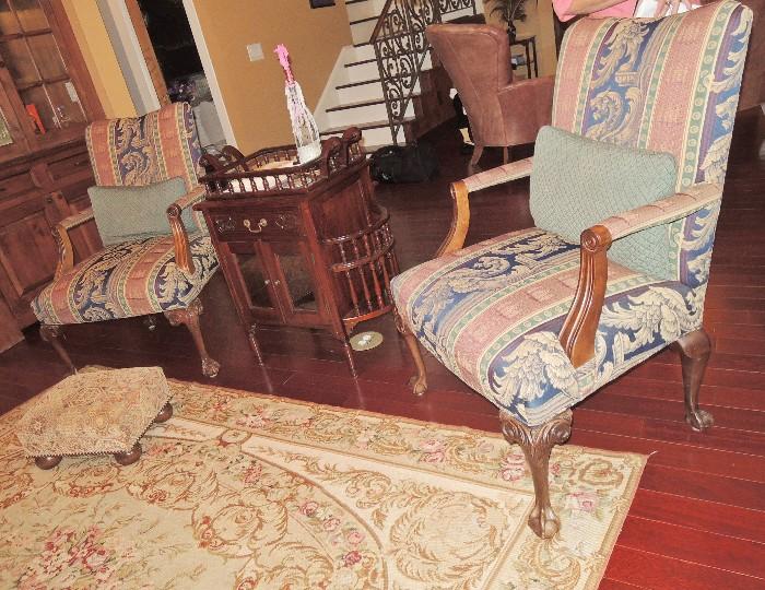 2 side chairs, Bombay tables, hand woven rugs