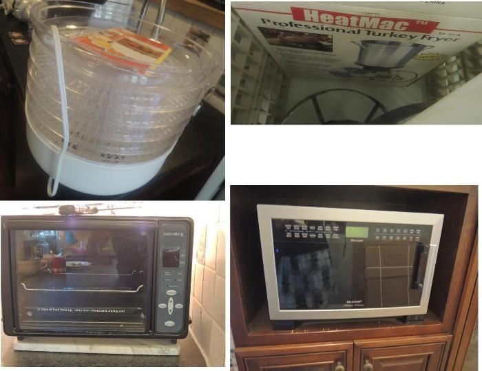 Kitchen small appliances: Sharp microwave, food dehydrator, coffee grinder, coffee maker, ice cream maker, turkey fryer