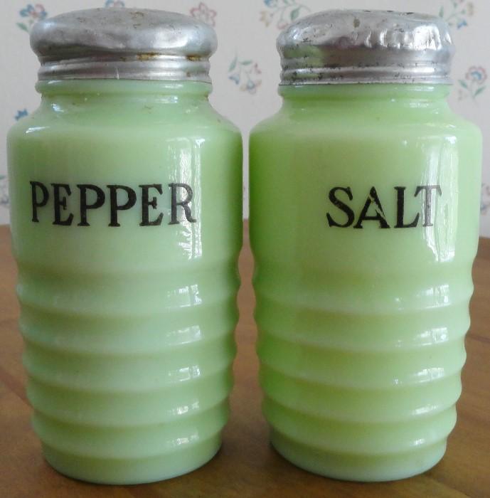 Jadite Salt & Pepper Shakers, Green Glass