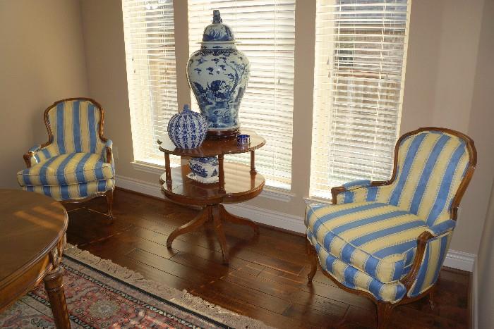 Fine upholstered chairs and antique Chinese urn
