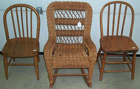 Child's wicker rocker and bentwood chairs