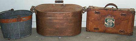 Copper boiler, leather suitcase w/ Michigan State decal and galvanized bucket