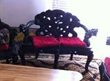 Antique Chinese elaborately carved bench with matching chairs
