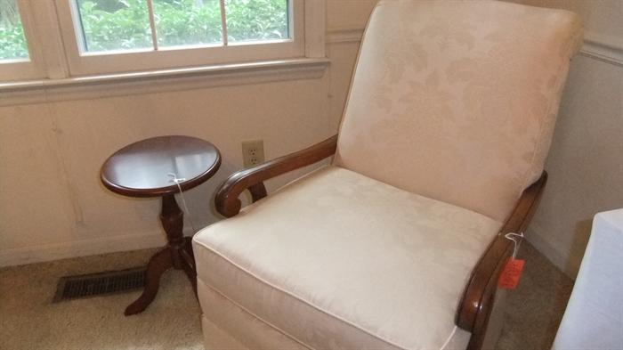 White Upholstered Chair, NEW upholstery! Small Round Wood Side Table