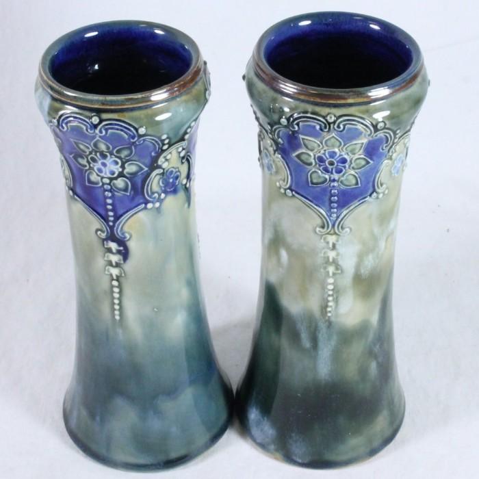 TIMES THE MONEY: Pair of beautiful early 1920s Royal Doulton glazed earthenware vases (6462): 8 1/2" high. No discernible damage. Times the money: bid per piece.