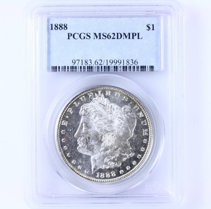 Certified 1888 U.S. Morgan silver dollar authenticated & graded MS62 DMPL by PCGS (the Professional Coin Grading Service)