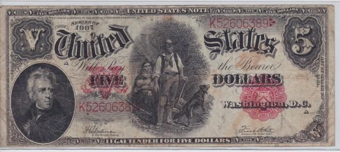 1907 U.S. $5 large size "woodchopper" red seal legal tender banknote graded very good