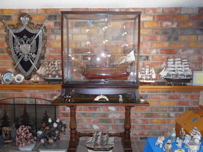 Massive Model Ship in Display Case, Sits atop and Antique Table, Jade trees and more ship models. 